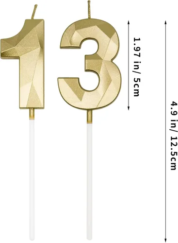 Vista 2 de Velas de cumpleaños número 13 y 31 para pastel, velas doradas con forma de diamante 3D con forma de diamante, decoraciones de cumpleaños
