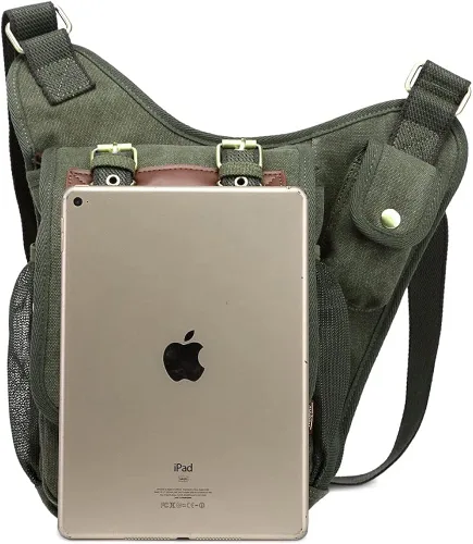 Vista 4 de Bolso de mensajero de lona vintage para hombre, bolso de mensajero de retazos de cuero en el pecho