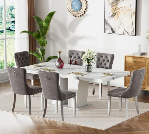 Vista 40 de Juego de mesa de comedor extensible de 63 a 79 pulgadas para 4, moderna mesa de cocina expandible con 4 sillas de terciopelo, mesa de madera gruesa