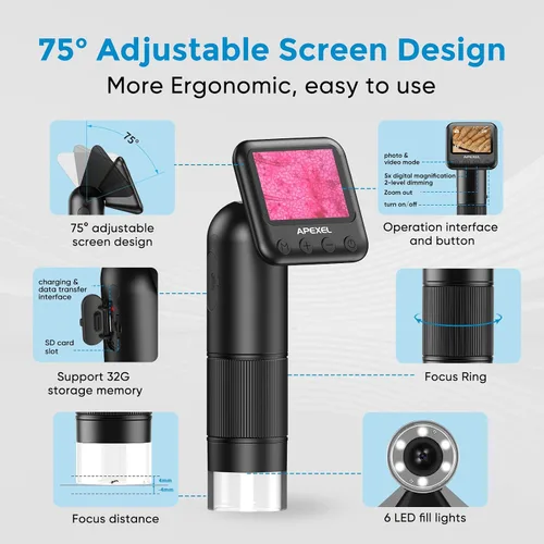 Vista 6 de APEXEL Microscopio digital de mano 800X con pantalla LCD de 2 pulgadas, microscopio portátil de bolsillo para niños con luces LED ajustables