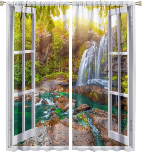 Vista 42 de Cortinas de paisaje, ventana tropical con vista al mar, océano, playa, barco, cortinas con estampado de palmeras para dormitorio, sala de estar, Mar