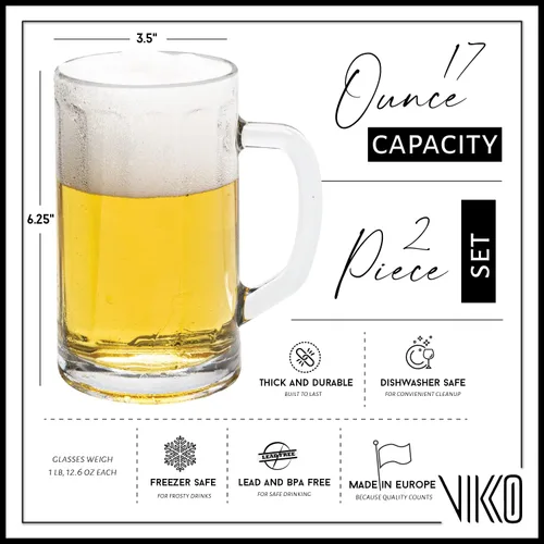 Vista 4 de Vikko Taza de cerveza, juego de 2 tazas de cerveza de vidrio, 17 onzas, vaso duradero apto para lavavajillas, para cervezas artesanales, cerveza
