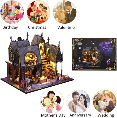 Vista 8 de Mini casa de muñecas de madera 3D con cubierta a prueba de polvo y movimiento de música, kit de casa de muñecas en miniatura y muebles, idea