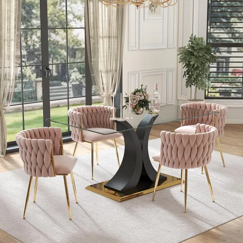 Vista 30 de Juego de comedor moderno de vidrio de lujo de 5 piezas, juego de cena rectangular minimalista grande para 4, juego de mesa de cocina de vidrio