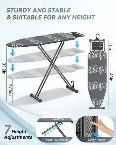 Vista 2 de Tabla de Planchar de Tamaño Completo 54"x13" - Tabla de Planchar Ajustable y Plegable con Reposaplancha, Cubierta Resistente al Calor y Acolchado