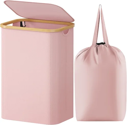 Vista 27 de Lifewit Cesta de lavandería de 80 litros con tapa, cestas de ropa para lavandería con asas de bambú y una bolsa de lavandería extraíble, cesta Beige