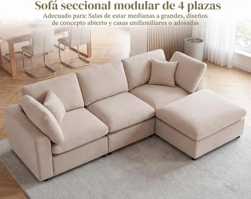 Vista 5 de Sofás modulares de nube seccionales para sala de estar, sofá modular grande con otomana, sofá de 3 plazas en forma de L con almohada, color beige