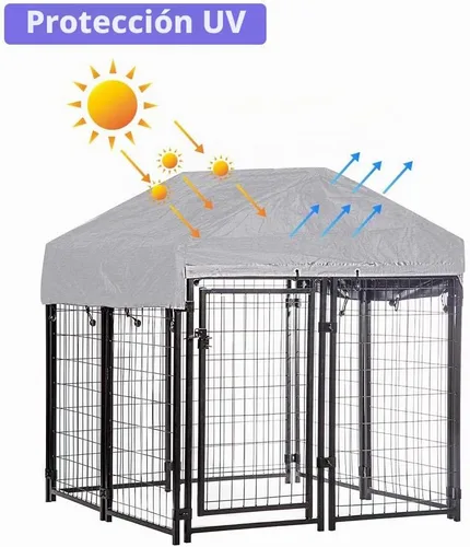 Vista 5 de BestPet Perrera resistente para perros de 4 x 4.3 pies con techo impermeable, jaula grande de acero galvanizado para perros medianos y grandes