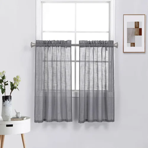 Vista 15 de Diamond Home Linens 2 paneles cortos con bolsillo para barra, filtrado de luz, de lino, texturizado, para ventanas pequeñas, 27 pulgadas de ancho x