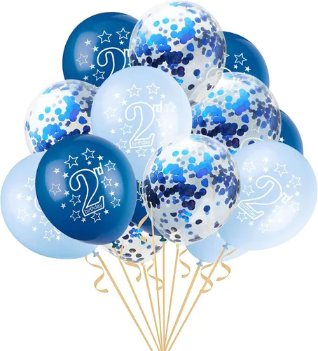 Vista 15 de SHUNTAI - Globos de 1er cumpleaños, color azul, 15 piezas de 12 pulgadas Decoraciones de fiesta de primer cumpleaños, confeti dorado, látex, temas