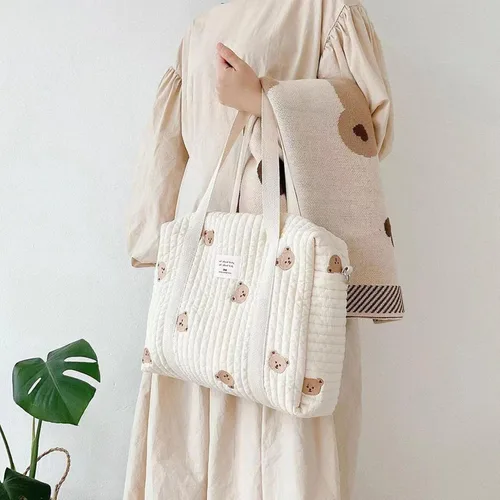 Vista 6 de Bolsa de pañales de algodón para bebé, bolsa de pañales de gran capacidad, bolsa de almacenamiento para cochecito de bebé, bolsa de almacenamiento