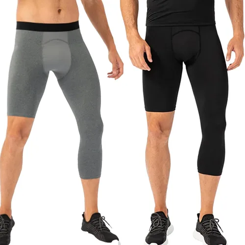 Vista 18 de Pantalones de compresión para hombre, mallas de compresión de una pierna para baloncesto, capri 3/4, leggings atléticos, capa base de secado fresco