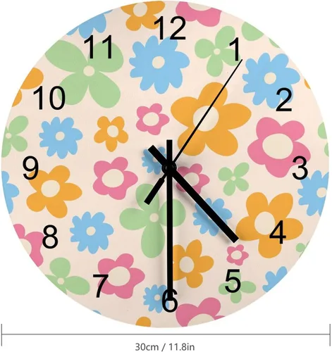Vista 2 de Reloj de Pared de Flores Silencioso Sin Tictac Operado por Batería, Caricatura de los 70s Linda Flor Abstracta Pastel Margarita Reloj Floral