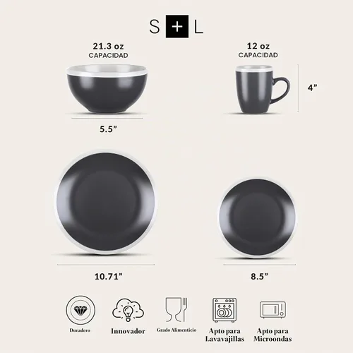 Vista 2 de Stone Lain Serenity - Vajilla de gres, servicio para 4, juego de platos y cuencos, vajilla de color gris oscuro y crema, apta para lavavajillas