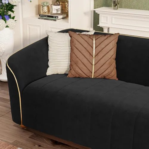 Vista 6 de Sofá de lujo de terciopelo retro de 3 plazas, cómodo sofá biplaza tapizado de terciopelo de 86 pulgadas con patas y almohadas de metal dorado, sofá