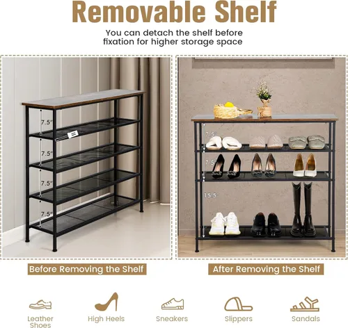 Vista 5 de Giantex Zapatero de 5 niveles, organizador industrial de almacenamiento de zapatos de metal ajustable con 4 estantes de malla metálica para 16-20