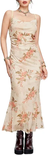 Vista 14 de SOLY HUX Vestido de malla floral para mujer, vestido largo para cóctel Estampado floral multicolor.