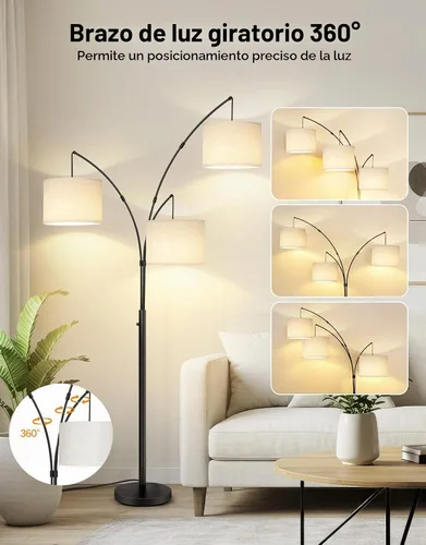 Vista 5 de OUTON Lámpara de pie LED de arco, lámpara de pie alta moderna negra de 3 luces para dormitorio, 2400lm lámparas de esquina de pie ajustables