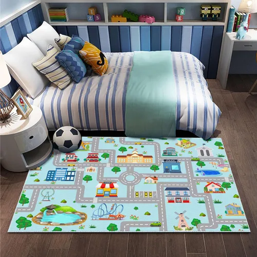 Vista 9 de Alfombra de coche para niños, 2 pies 7 pulgadas x 4 pies, alfombra de juego de tráfico urbano para autos de carreras y juguetes, divertida alfombra
