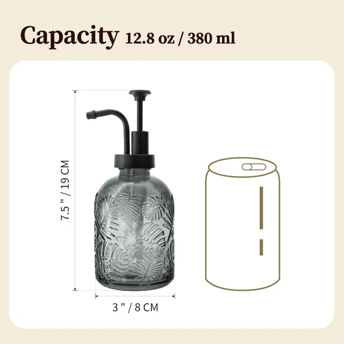 Vista 6 de Dispensador de jabón de vidrio con bomba, patrón de hojas tropicales vintage de 12 onzas, vidrio grueso y plástico, accesorio de baño o cocina