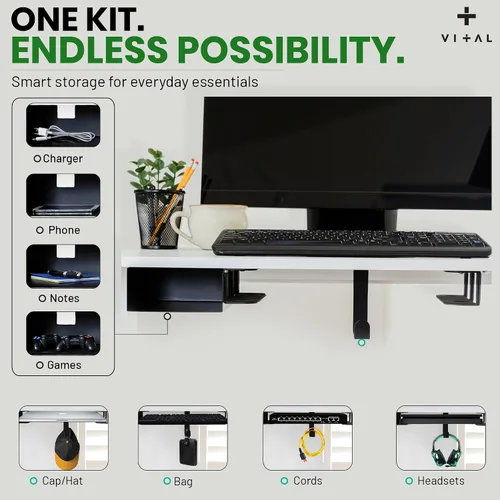 Vista 4 de VI+AL Soporte para laptop debajo del escritorio - Estante oculto de metal con almacenamiento lateral, gancho y organizador de cables - Se instala