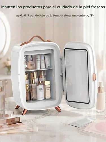 Vista 2 de COWSAR Mini refrigerador para dormitorio con espejo de luz LED regulable, refrigerador para el cuidado de la piel de 6 litros/8 latas con mango