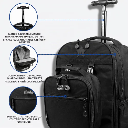 Vista 3 de J World Duo - Mochila con ruedas para niños, con juego de lonchera, color negro