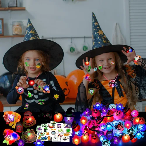 Vista 6 de U-Goforst 88 piezas de recuerdos de fiesta de Halloween para niños, pulseras iluminadas que brillan en la oscuridad, collares, anillos LED, juguetes