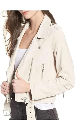 Vista 2 de [BLANKNYC] Ropa de lujo para mujeres, chaquetas de motocicleta de cuero de gamuza recortadas, abrigos cómodos y elegantes Blondie