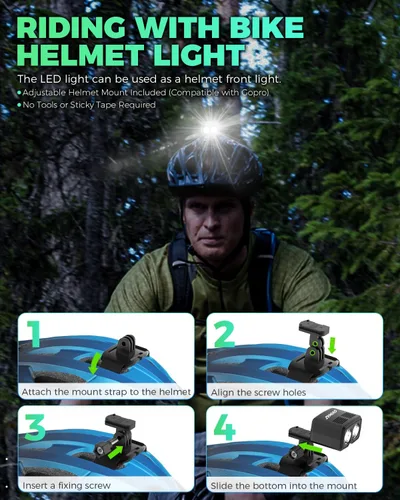 Vista 6 de Luz para casco de bicicleta, recargable por USB, 1000 lúmenes, luces para cascos de bicicleta con 5 modos de iluminación, impermeable