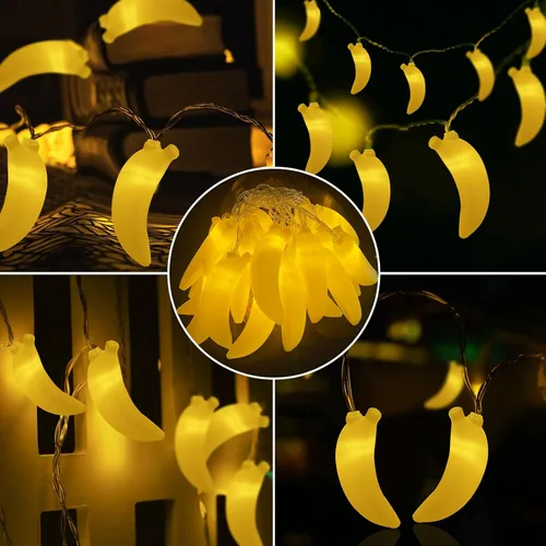 Vista 6 de Cadena de luces LED de 3 m con 20 bombillas, en forma de plátano, funciona con pilas, para iluminación interior y exterior, para bodas, hogar, Banana