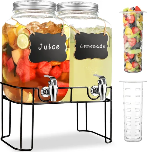 Vista 8 de Dispensadores de bebidas de vidrio de 1 galón para fiestas, dispensador de bebidas de limonada con soporte y grifo para barbacoa, picnic, fiesta