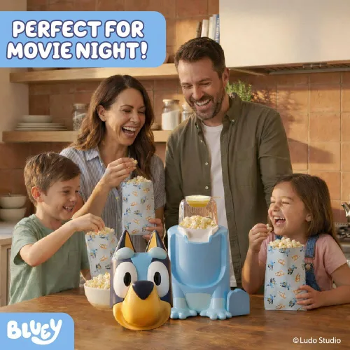 Vista 5 de Uncanny Brands Bluey - Máquina eléctrica para hacer palomitas de maíz, sin aceite, con 12 bolsas de papel, con licencia