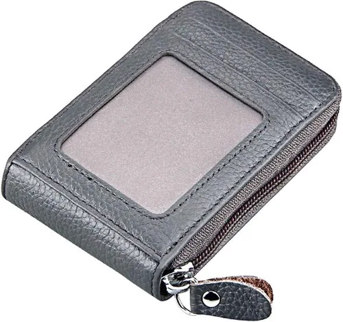 Vista 3 de Noedy RFID bloqueo de tarjetas de crédito titulares caso organizador cuero genuino cremallera alrededor de la cartera de seguridad, Gris, Mujeres