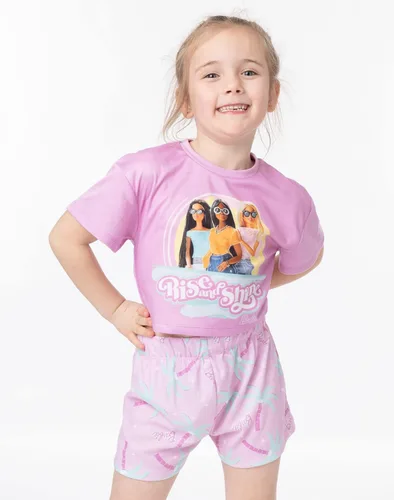 Vista 8 de Barbie Pijama corto para niñas, diseño de muñeca rosa con estampado de levantamiento y brillo, pantalones cortos elásticos para dormir