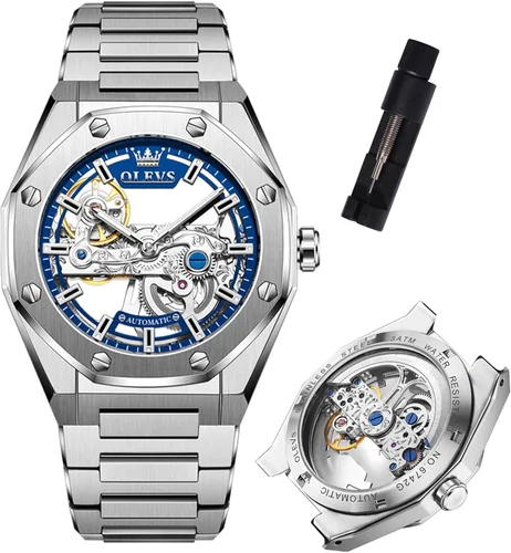 Vista 11 de OLEVS Relojes automáticos para hombre, reloj mecánico de lujo con cuerda automática, Tourbillon, reloj de esqueleto, reloj de negocios con diamantes