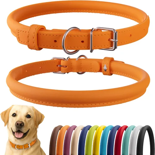 Vista 71 de CollarDirect - Collar de cuero enrollado para perro, collar redondo acolchado suave para cachorro, collar de cuero auténtico hecho a mano