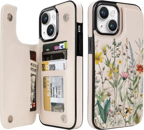 Vista 62 de uCOLOR - Funda tipo cartera para iPhone 15 con tarjetero y diseño de lunares con leche de almendra Bloqueo RFID de piel sintética para mujeres
