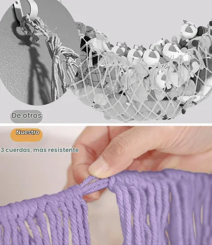 Vista 5 de Hamaca extra grande de red para animales de peluche – [56 pulgadas de largo/macramé tejido a mano/lavanda] Hamaca de almacenamiento para pared