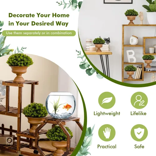 Vista 3 de Goplus Paquete de 4 árboles topiarios artificiales de boj, mini plantas de vegetación falsas, pequeñas plantas decorativas de imitación, plantas