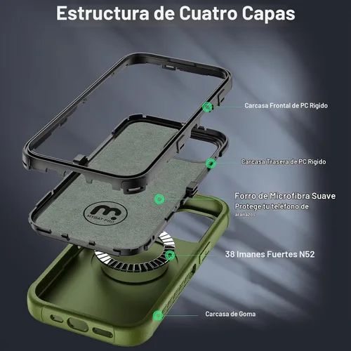 Vista 4 de M MYBAT PRO Funda 3 en 1 con soporte de metal (verde militar, 15 Pro Max)