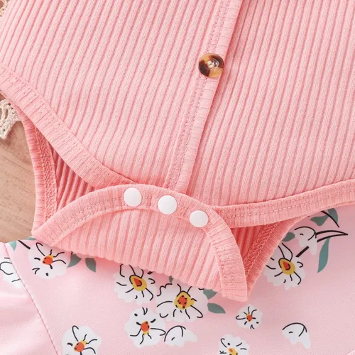 Vista 4 de DUBASAM Conjunto de trajes de verano para bebé niña, con hombros descubiertos, botones, de punto, acanalado, overol floral, pantalones acampanados +