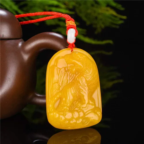 Vista 4 de Pure Hetian Jade Yellow Dragon Jade Tiger Colgante Hombre y Mujer Jade Colgante Collar Yu Peiyu Jade Zodiaco Tigre Colgante