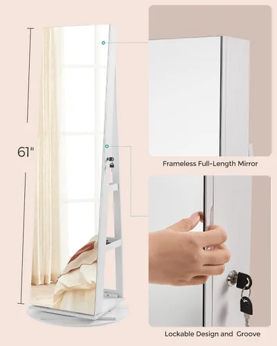 Vista 8 de SONGMICS Armario de joyería de espejo con cerradura de 6 LED, organizador de joyas giratorio de 360, Armario de joyería de pie, espejo de cuerpo