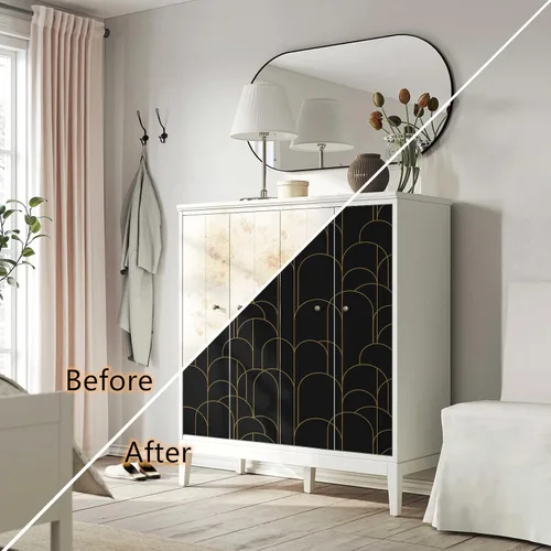 Vista 4 de Papel tapiz para despegar y pegar, moderno papel tapiz geométrico negro/dorado, 17.71 x 118 pulgadas, papel tapiz autoadhesivo extraíble, papel