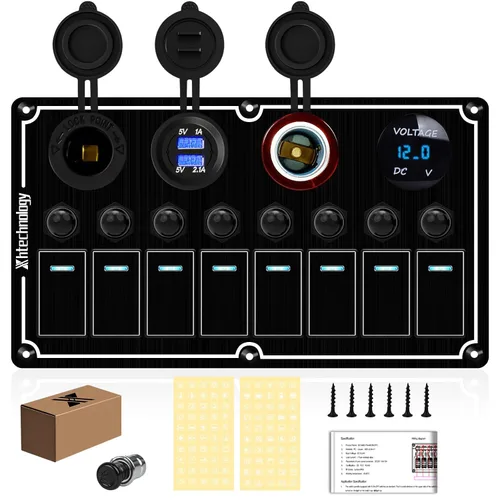 Vista 16 de Panel de interruptores de barco marino de 5 posiciones con cargador USB dual y voltímetro, panel de interruptores basculantes de aluminio