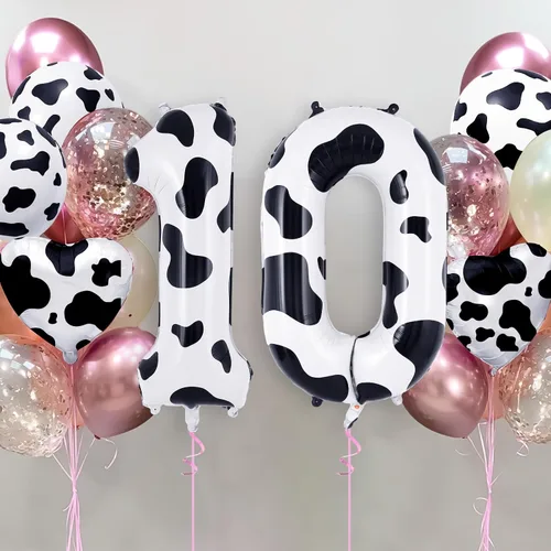 Vista 2 de Globo con el número 0 con estampado de vaca, globos grandes de cumpleaños con número de vaca de 40 pulgadas, globos de aluminio Mylar número 0
