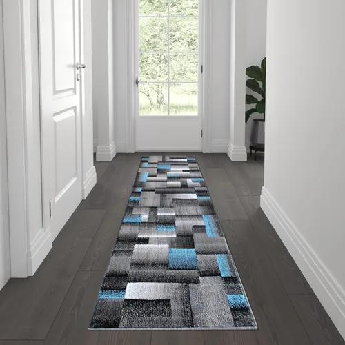 Vista 8 de Flash Furniture Elio Collection - Alfombra de área con patrón de bloques de color, alfombra de olefina azul de pelo alto, alfombra de área de 2 x 3