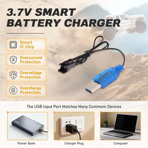Vista 5 de Batería de iones de litio de 3.7 V 2000 mAh, paquete de 2 con 2 cargadores USB, enchufe SM-2P, batería recargable 15C RC compatible con autos