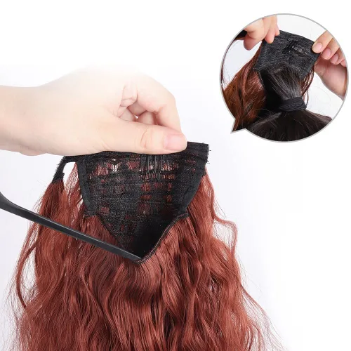 Vista 5 de Extensiones de cola de caballo caoba, cola de caballo rizada con clip, 22 pulgadas, 3.5 onzas, extensión de cabello sintético negro, extensión